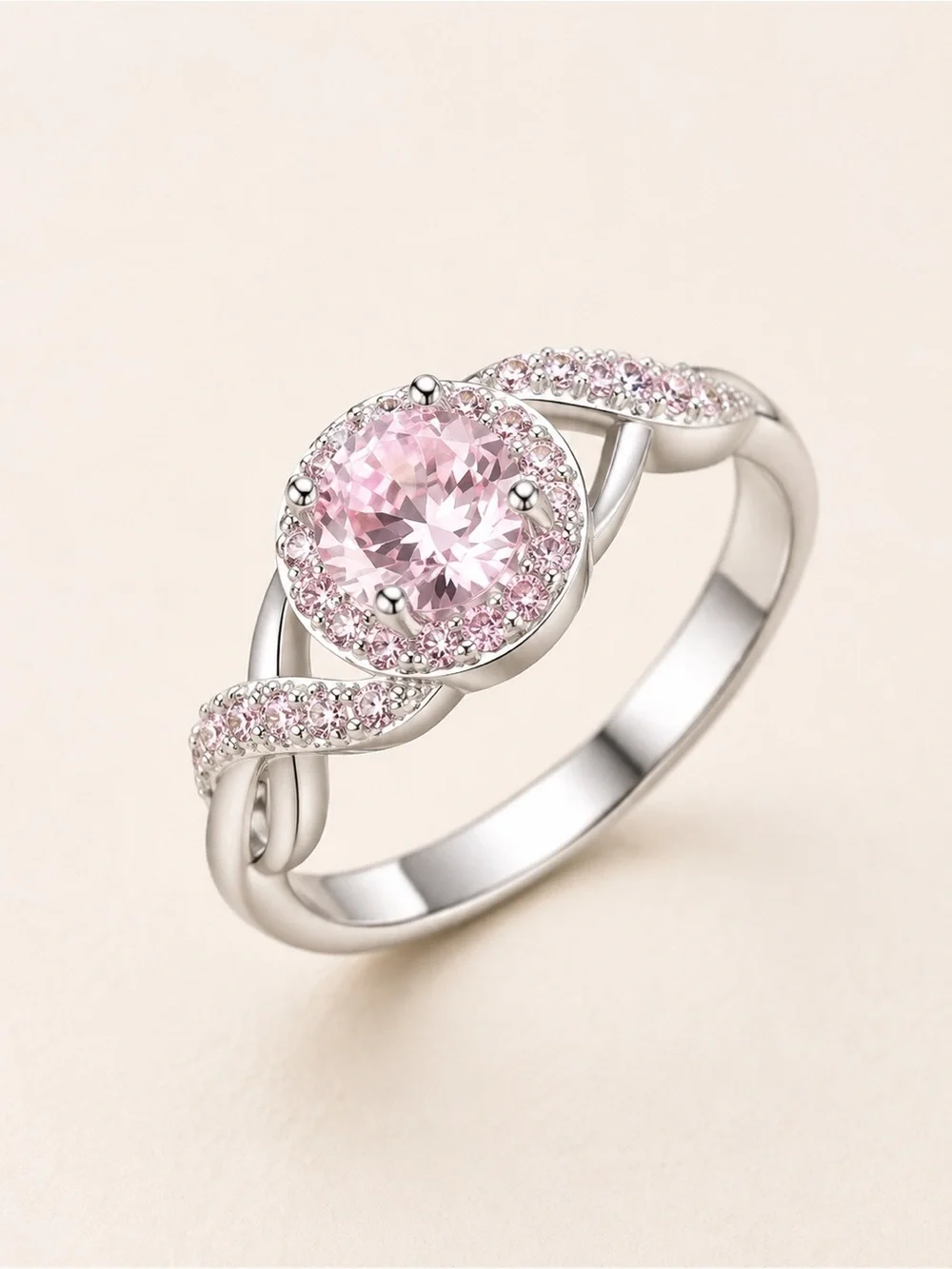 Pink & White Cubic Zirconia Antique Style Engagement Ring Silver Tone Round Halo